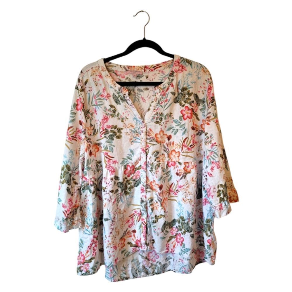 Saint Tropez West Floral Button-Front Blouse in White, Pink, Green
